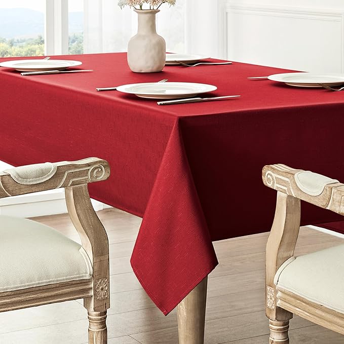 2 Pack Rectangle Tablecloth, 60x84 inch, Water Resistant Wrinkle Free Linen Textured Table Cloth Washable, Decorative Fabric Table Cover for Dining, Party and Camping, Red