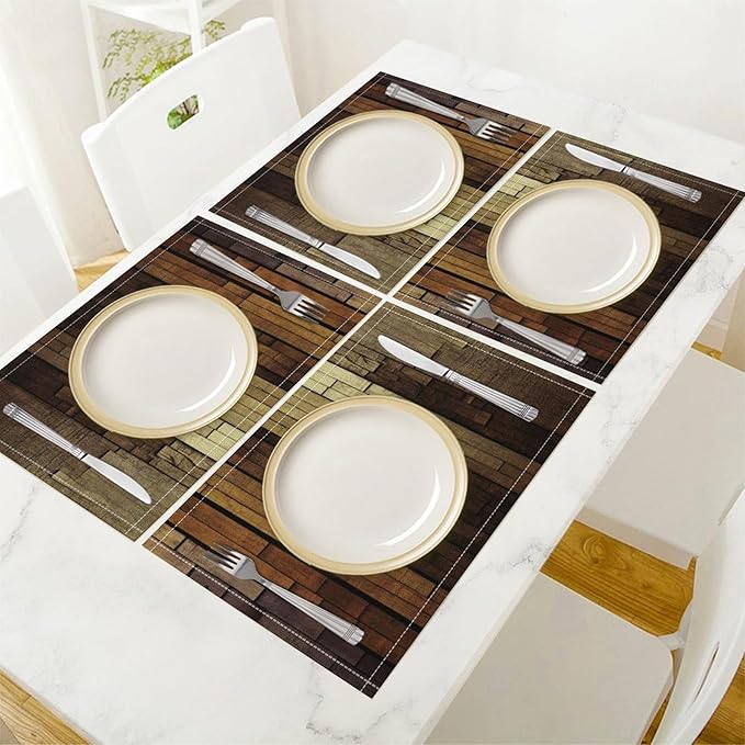 Retro Plank Placemat Set, Rural Old Shabby Brown Beige Farmhouse Barn Wooden Board Pattern Home Decor Linen Table Mats for Dining Room Kitchen Party (17x12in) x6P