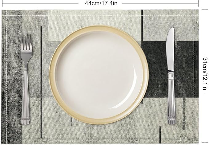 Gradient Placemat Set, Modern Minimal Black White Grey Abstract Geometric Shape Line Patchwork Pattern Home Decor Linen Table Mats for Dining Room Kitchen Party (17x12in) x6P