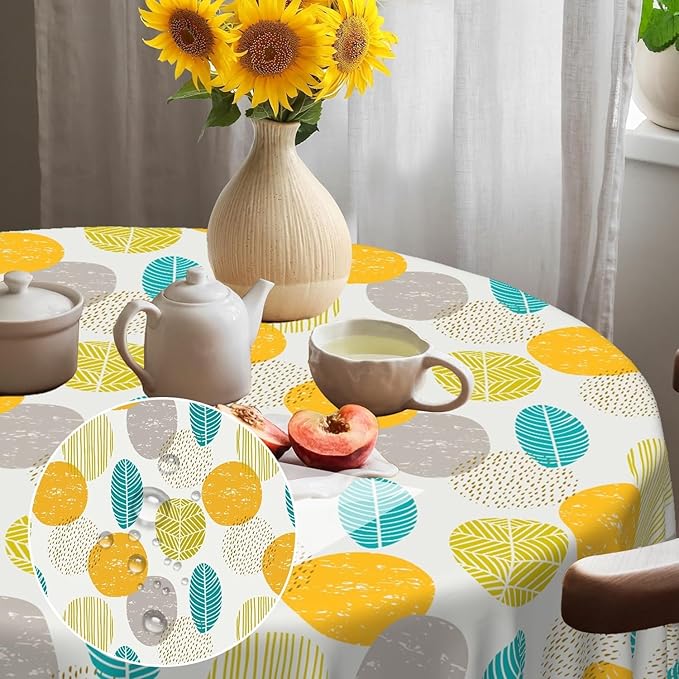 Laeacco 36 Inch Geometric Round Tablecloth Colorful Abstract Oval Leaf Pattern Modern Art Print Table Cloth Washable Waterproof Wrinkle Free Table Cover for Kitchen Dining Picnic Party Decoration
