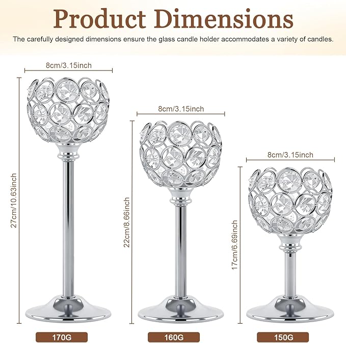Crystal Metal Tealight Candlestick, Bling Bowl Candelabras, Tall Crystal Candle Holders Elegant Candle Centerpiece for Dining Table Wedding Home Mantel Decor (Silver, 2 Sets(6 Pcs))