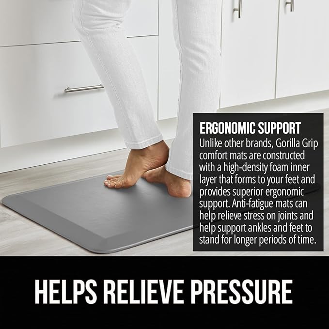GORILLA GRIP Comfortable Cushioned Kitchen Mats for Floor, 70x24, Waterproof and Stain Resistant Soft Top, 3/4 Inch Thick Ergonomic Standing Desk Anti Fatigue Mat, Foam Supports Ankles and Feet, Gray