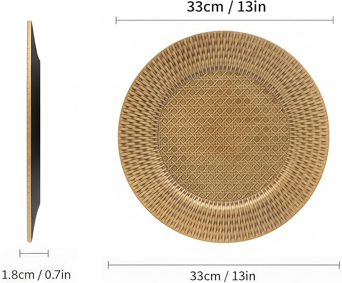 13 Inch Antique Gold Charger Plates Set of 6 Round Plastic Plates Matte Finish Faux Rattan Woven Texture Charger plates for Wedding Party Christmas (537)