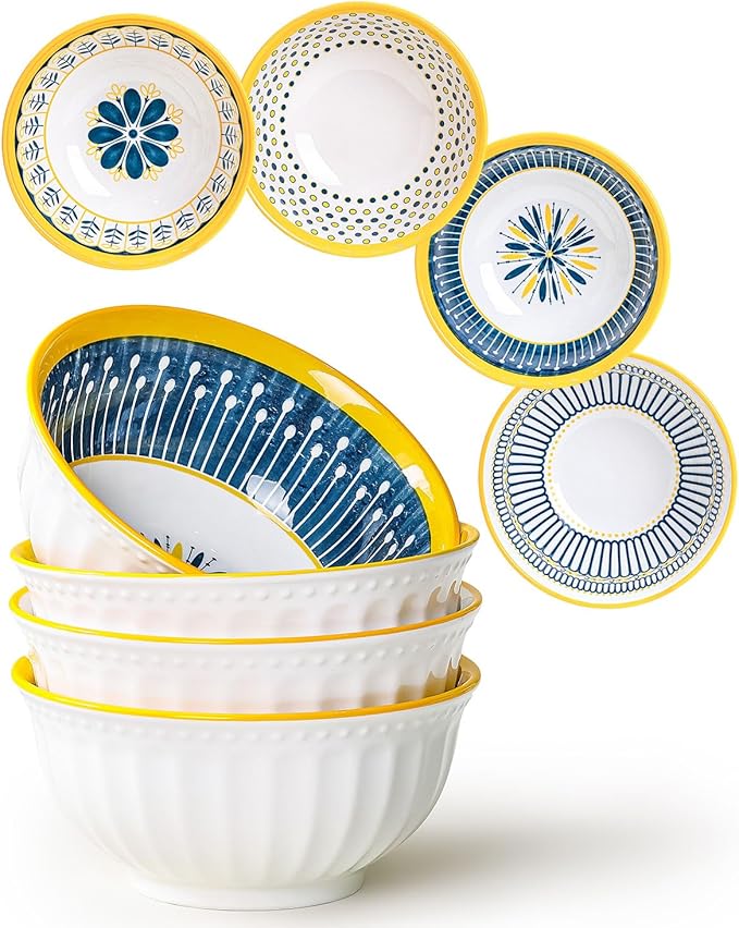 Yeacccng Cereal Bowls Set of 4, 27 Oz Colorful Cereal Bowls, 6.14 Inch Ceramic Soup Bowls for Soup, Cereal, Oatmeal, Fruit, Pasta, Scratch-Resistant, Lead-Free, Dishwasher & Microwave Safe