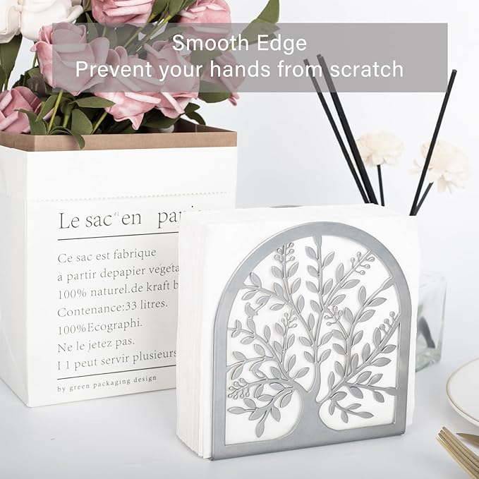 Napkin Holder for Tables, Tree of Life Design Modern Metal Napkin Holder for Home Kitchen & Picnic Party, Silver Grey