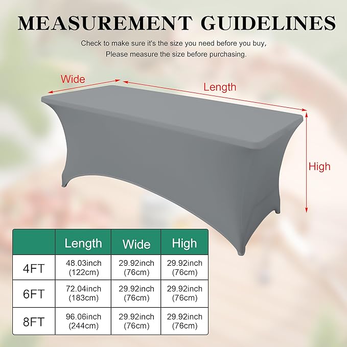 6FT Table Cloth for Rectangular Fitted Events Stretch Grey Table Covers Washable Spandex Tablecloth Protector for Party, Wedding, Cocktail, Banquet, Festival