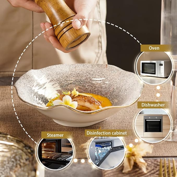 Set of 4 Lotus Edge Ceramic Bowls, 9.3-Inch Gradient Gold Design Soup Bowls with Wavy Rim, 23.5cm Food-Safe Porcelain for Dining & Gifting