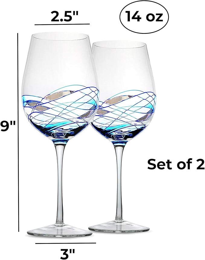 Bezrat Wine Glasses Hand Painted - Set of 2 - Women Wine Gift - Wine Lover Glass - Beautiful Glassware Gifts Ideas for Women Inspired by 'Duomo di Milano' Mothers Day - 14 oz (Blue)