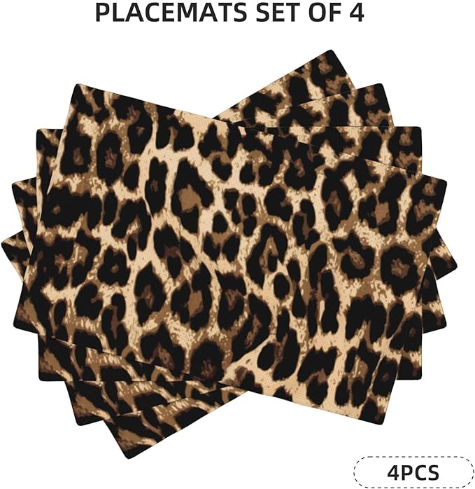 Black Brown Leopard Print Placemats Set of 4 Cheetah Leopard Skin Linen Washable African Wild Animal Placemat Kitchen Dining Heat-Resistant Place Mats Desktop Decor Table Mats 12x18 Inch