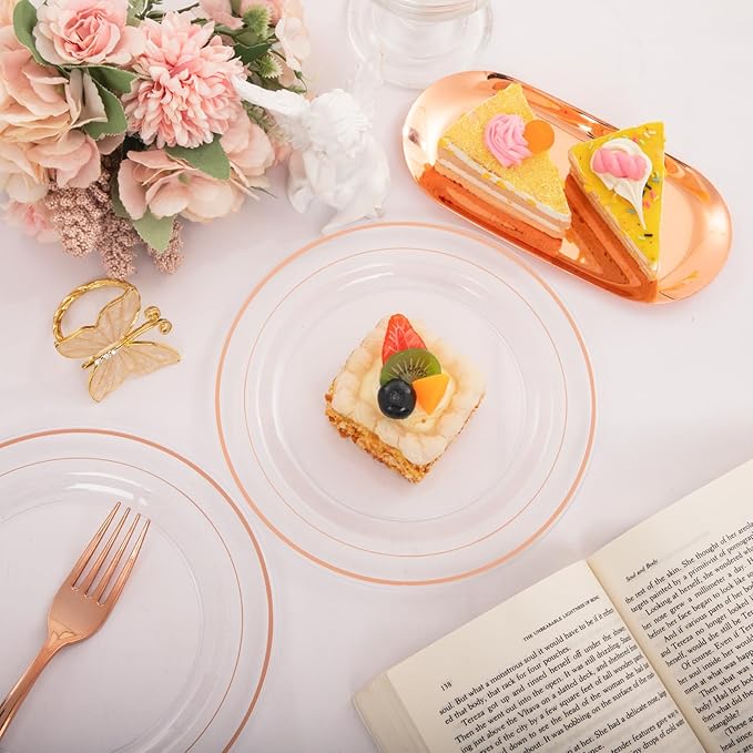 I00000 72 Pcs Rose Gold Plastic Dessert Plates7.5& 70 Pcs Plastic Forks7.4, Premium Salad Plates, Heavy Duty Disposable Plate for Party,Disposable Appetizer Plates Great for Wedding