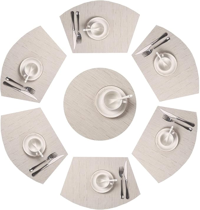 SHACOS Round Table Placemats Set of 7 Wedge Shaped Place Mat with Centerpiece Circle Mat Heat Resistant Small Round Table Mats Washable (7, Beige)