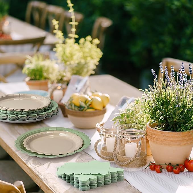 200pcs Sage Green Plates and Napkins Tableware Set Serve 50 Guests Includes Scalloped 9" 7" Paper Dessert Dinner Plate Green Series Napkins for Spring Birthday Wedding Baby Shower Tea Party