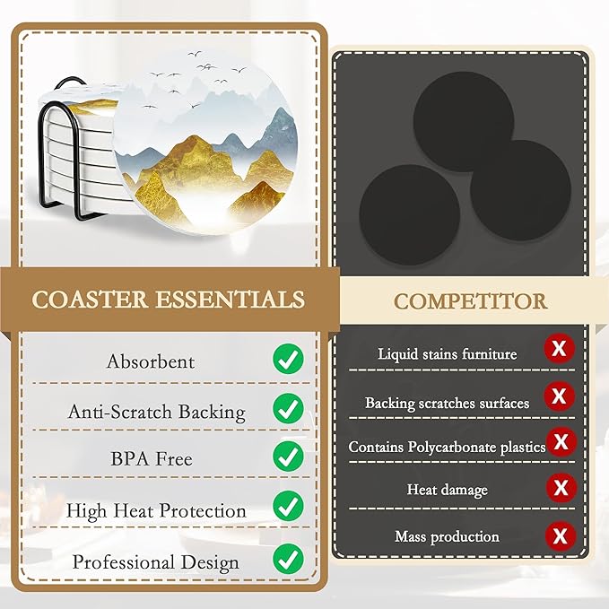 6 Pcs Mountain Landscape Absorbent Ceramic & Cork Base Coasters, Cute Funny Table Drinks Coasters, 4 Inch Round