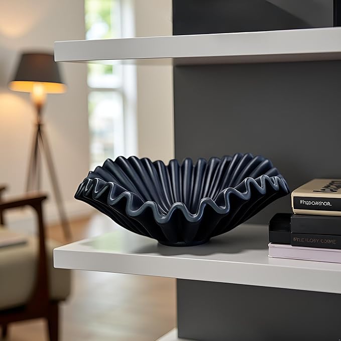 Large Decorative Bowl decor, Scalloped Pedestal Bowls for Modern Home Decor,Ruffle Decor,Stylish Key Bowl for Entry Table,Decorative Fruit Bowl for Kitchen Counter,Black
