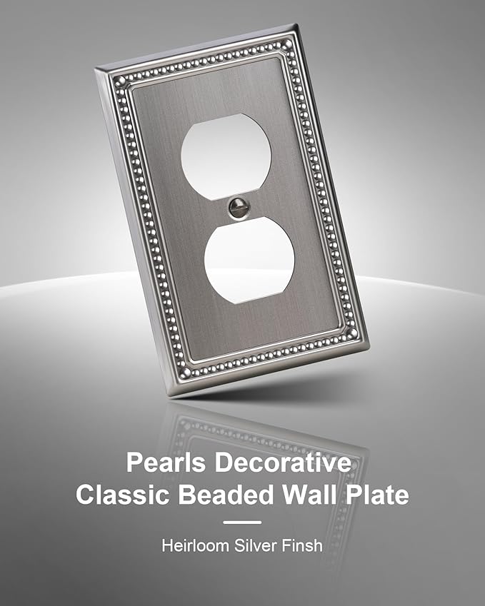 4-Pack Duplex Outlet Cover, Silver Metal Wall Plates for Electrical Outlets, 1 Gang Receptacle Light Switch Cover, Pearls Beaded Decorative Switch Plates and Outlet Covers