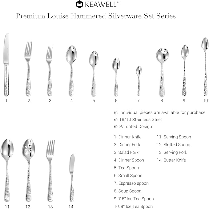 KEAWELL Premium 20/45/65 Piece Louise Hammered Silverware Set with Round Edge, 18/10 Stainless Steel, Service for 4/8/12, Fine Flatware Set, Dishwasher Safe (45)