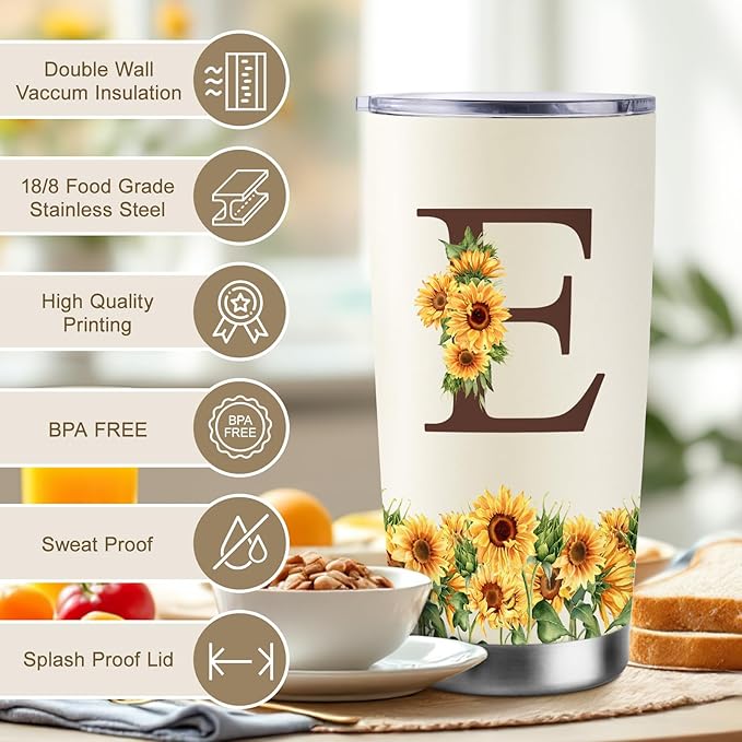 Sunflower Gifts for Women - Personalized Christmas Gifts for Women - Birthday Gift for Woman - Mothers Day Gift for Mom - Monogrammed, Initial 20oz Travel Cup Insulated Tumbler with Lid, E