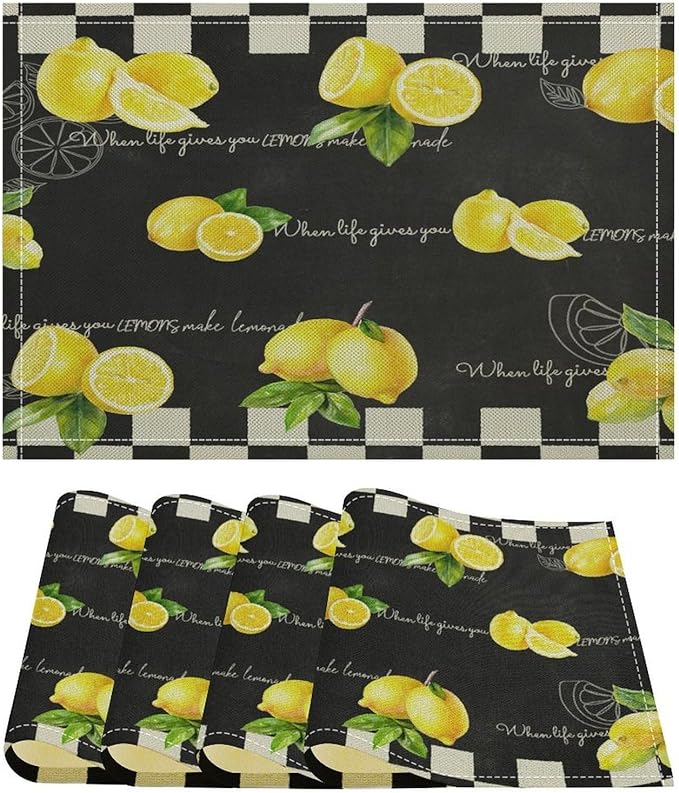 Vintage Lemon Placemat Set, Rustic Farmhouse Yellow Orange Fruit Leaves Black White Plaid Quotes Seamless Pattern Home Decor Linen Table Mats for Dining Room Kitchen Party (17x12in) x4P