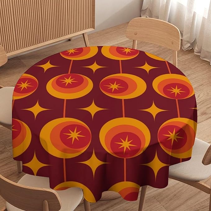 Modern Mid Century Round Tablecloth, Abstract Vintage Geometric Print Tablecloth for Home Party Dining Room Kitchen Decor 70Inch(178cm)
