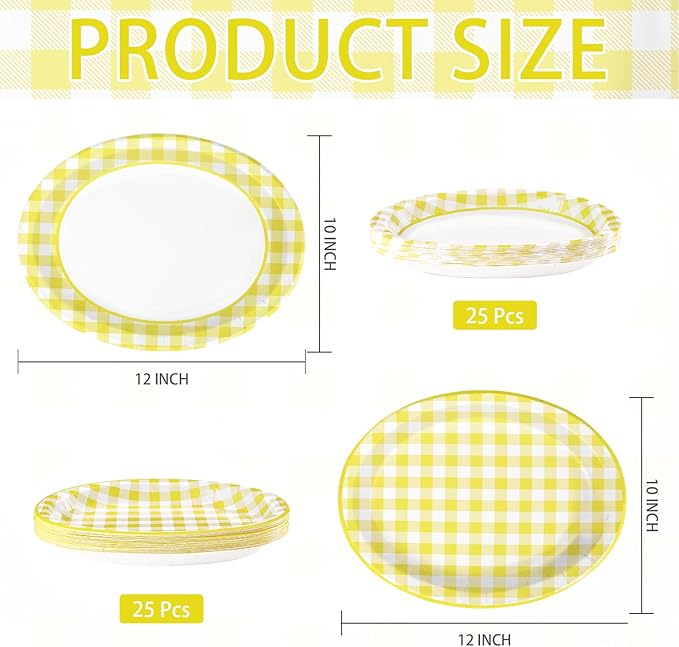 50Pcs Yellow Gingham Oval Paper Plates 10"x12" Large Yellow and White Buffalo Checkered Plaid Plates Disposable Heavy Duty Gingham Party Supplies for Picnic BBQ Baby Shower Birthday Party Decorations