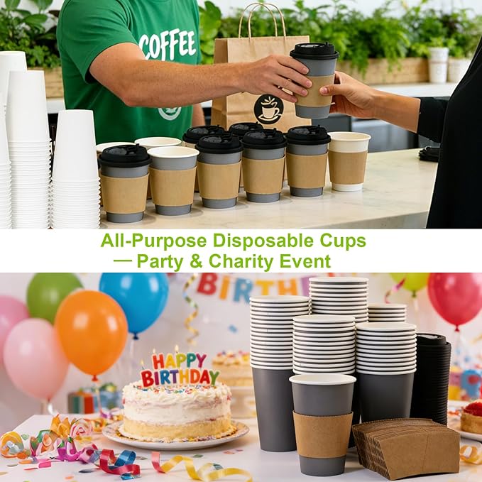 100 Pack 12 oz Disposable Coffee Cups with Lids and Sleeves, Leak-Proof To Go Coffee Cups, PLA Paper Coffee Cups for Hot Beverage