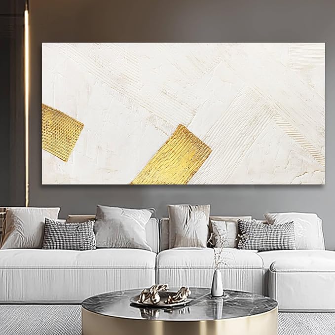 YJYart White Wall Art Hand Paintings Wall Decor Gold Pictures Abstract Canvas Arts 24"x48" for Living Room Dinning Room