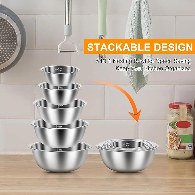 5 Pack Stainless Steel Bowls, Mixing Bowls Set with Scale Marks, 5 Different Size (4.5, 3,2,1.5,0.7QT) Nesting Baking Salad Bowls for Kitchen Cooking Baking(5)