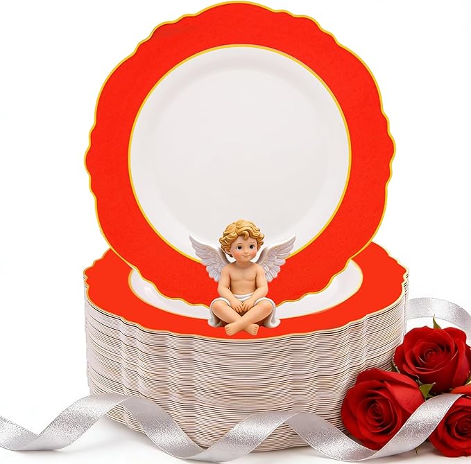 WDF 60pcs Red Valentines Plates with Gold Rim - 10.25inch Red Dinner Plates Disposable Plates Table Decor for Valentine's Day