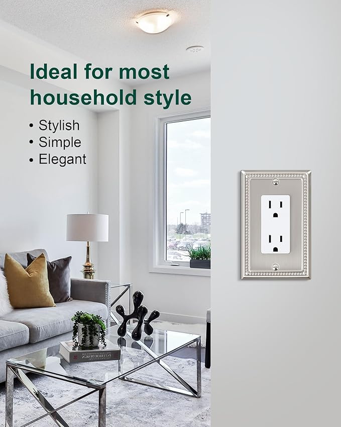 4-Pack Decorator Outlet Cover Plate, Decorative Switch Plates and Outlet Covers, Brushed Nickel Metal Wall Plates for Electrical Outlets, Receptacle, GFCI Outlet, Dimmer Switch