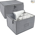 LotFancy Stemware Storage Containers, 2-Pack, Deluxe Quilted Storage Case with Dividers for 24 - Wine Glasses, Champagne Flutes, Glassware, Drinkware Storage Box Chest, 15.5”x12.5”x 10”, Gray