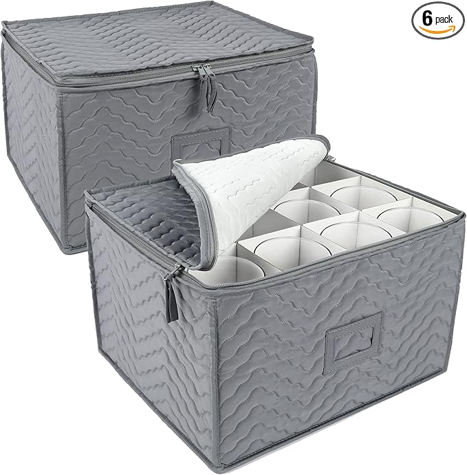 LotFancy Stemware Storage Containers, 2-Pack, Deluxe Quilted Storage Case with Dividers for 24 - Wine Glasses, Champagne Flutes, Glassware, Drinkware Storage Box Chest, 15.5”x12.5”x 10”, Gray