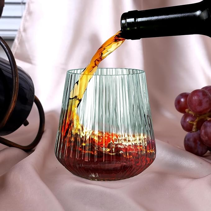 40 Pack Plastic Ribbed Wine Glasses, 14Oz Origami Disposable Wine Glasses Unbreakable Clear Plastic Cocktail Glasses Recyclable Shatterproof Reusable Wine Cups (14oz-green-40pack)