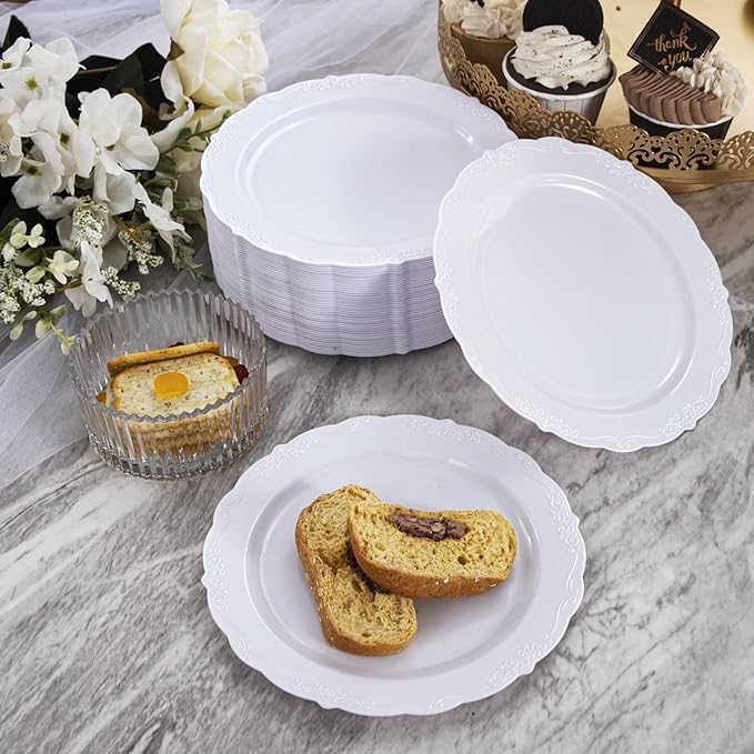DaYammi 60PCS White Plastic Plates, Heavy Duty White Disposable Premium 7.5inch Dessert Cake Salad Appetizer Plates Hard Plastic Platos Disposable for Party Wedding