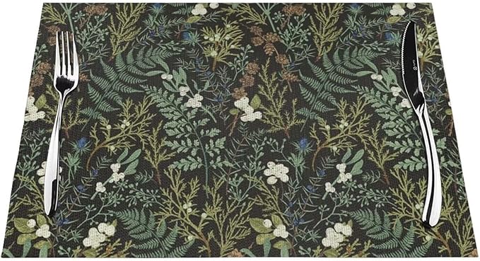 Botanical Print Floral Placemats Set of 6 Black Sage Green Spring Flower Plant Wipeable Table Mats Reusable Washable PVC Rectangle Place Mats for Kitchen Dining Home Decor 12x18 Inches