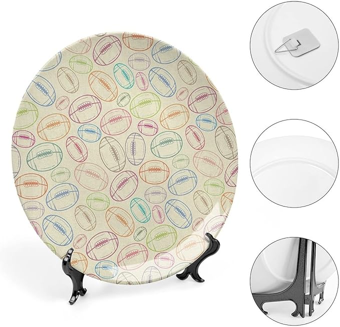 Ceramic Display Plate, American Football Ceramic Hanging Decorative Plate, Grunge Looking Hand Drawn Sports Sketch, 8 Inch, Household Custom Ceramic Plate, Multicolor