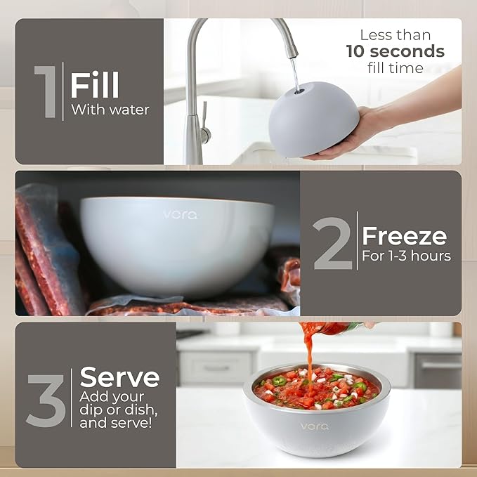 Vora 18oz Dip Chiller Bowl | Iced Grey Stainless Steel Chilled Dip Bowl for Dips, Guacamole, Hummus, Salsa | Insulated Serving Dishes with Easiest Water Fill & Refillable Chamber