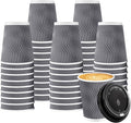 100 Pack 8 oz Coffee Cups with Lids, Disposable Insulated Hot Cups To Go Paper Coffee Cups, Corrugated Ripple Wall Cup for Hot Drink, Office, Coffee Bar (Grey 8 oz)