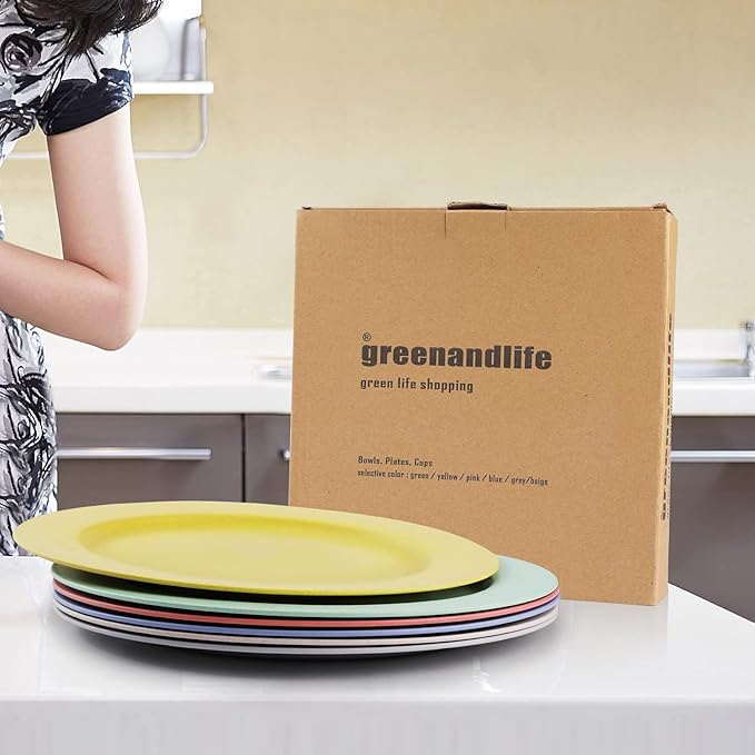 greenandlife 10inch/6pcs Dishwasher & Microwave Safe Wheat Straw Plates - Lightweight Reusable Unbreakable Dinner Plates, Non-toxin, BPA Free and Healthy for Kids & Adults