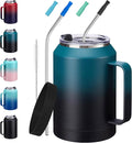 32/50oz Mug Tumbler with Handle and Straw - 32 oz Stainless Steel Wide Mouth Travel Coffee Cups w/ Lid, Reusable Home Office Work Mugs, Double Wall Vacuum Insulated Bottle Keep Cold 36 Hrs Hot 24 Hrs
