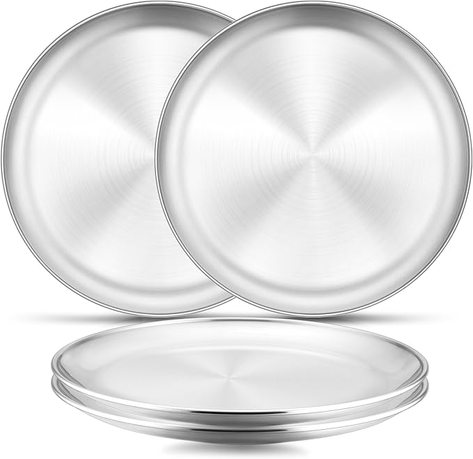 E-far 4-Piece Stainless Steel Plates, 9 Inch Metal Dinner Plates Dishes for Home, Picnic, Outdoor Camping, Healthy & Non-Toxic, Shatterproof & Dishwasher Safe