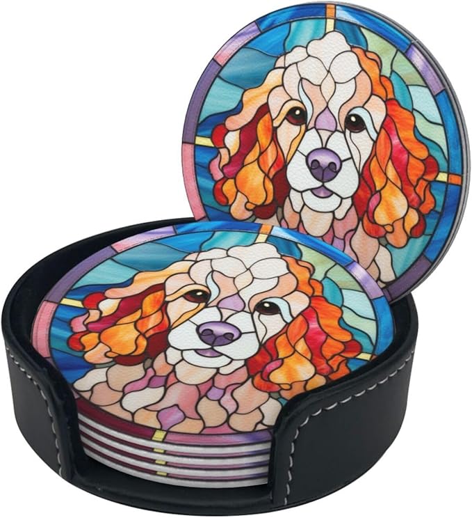 Drink Coaster Set of 6, Poodle Dog Mom Lover Gift,Leather Drink Coasters with Holder,6 Pack Cup/Bar/Drink Coasters for Table/Drinks/Coffee Protection Housewarming Gift