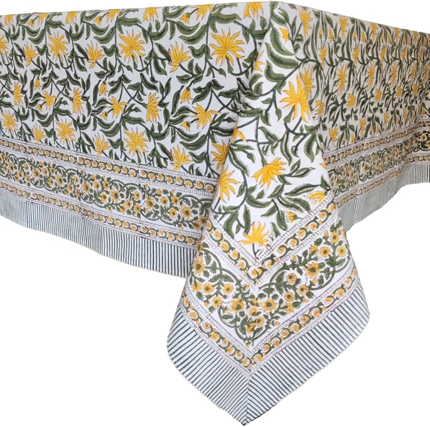 ATOSII Noor 100% Cotton Rectangle Spring Tablecloth, Handblock Floral Print Linen Table Cloth for Kitchen Dining I Parties, Outdoors, Weddings, Easter Holidays I 72 X 120 Inches I 10 Seater