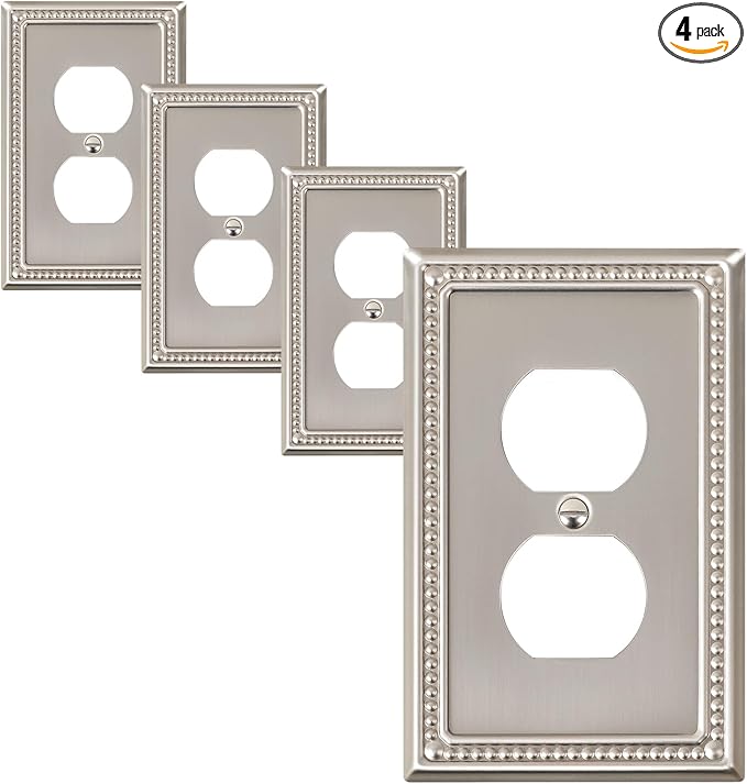 4-Pack Duplex Outlet Cover Plate, Metal Wall Plates for Electrical Outlets, Brushed Nickel 1 Gang Receptacle Cover, Pearls Decorative Switch Plates and Outlet Covers