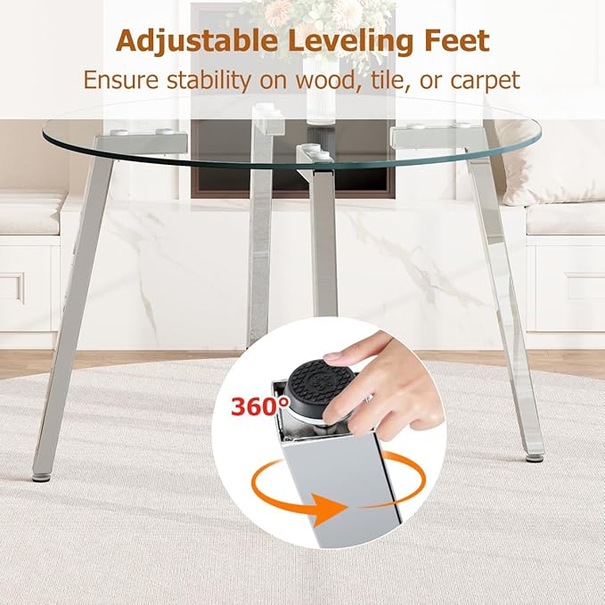 42" Round Glass Dining Table Set for 4,Modern Breakfast Table Set for 4 with Silver Chrome Legs,Space Saving Kitchen Table and Light Grey Chairs for Apartment,Easy Assembly