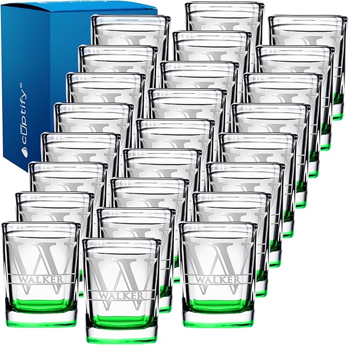 Personalized Square Shot Glasses Set of 25 Green Bottom 2oz Engraved Initial and Name Custom Gifts, Weddings, Birthdays, Party, Event, Decorations
