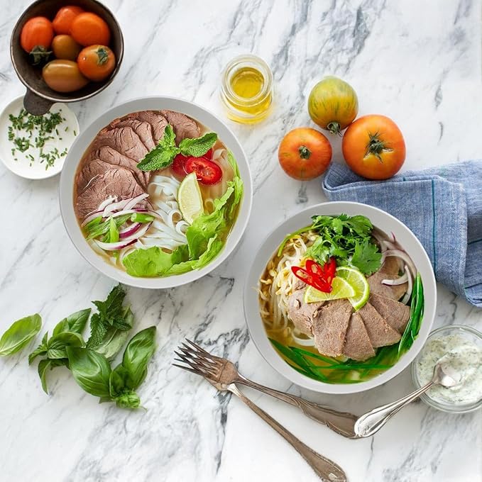 40 oz Large Soup, Ramen, Pho, Noodle, and Salad Bowl Set of 4, 7 in White Ceramic Bowls, Versatile & Microwave Safe