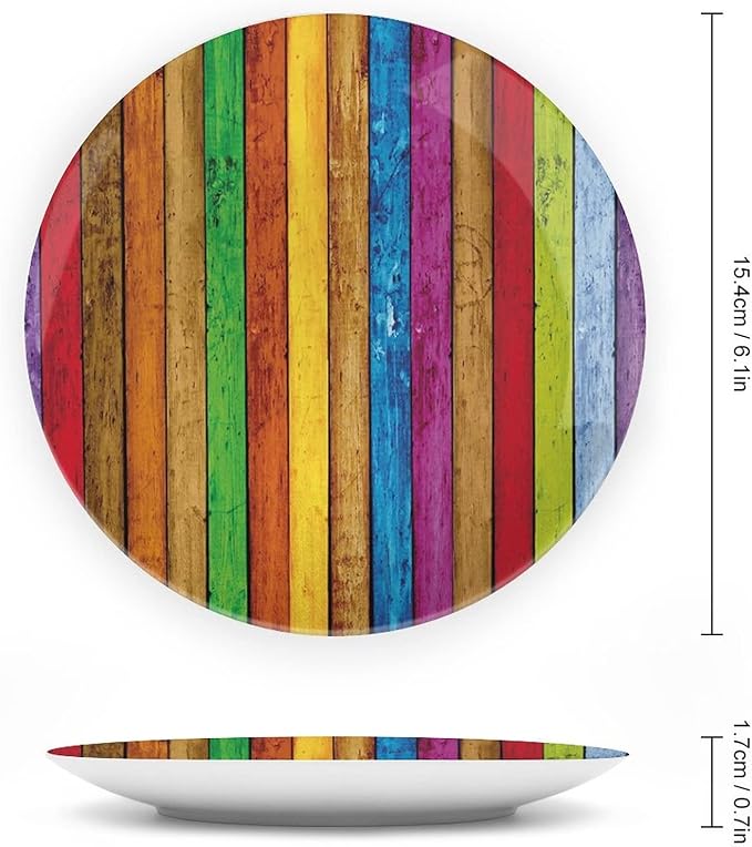 Decorative Plates, Abstract Print Ornament, Vibrant Wooden Artistic Cheerful Art Rainbow Image, 7 Inch, 1 Plate with 1 Display Stand, Multicolor