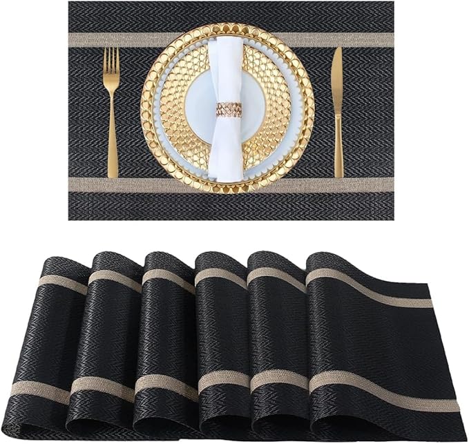 FAVE Placemats Set of 12 Black Placemats Woven with Golden Thread Heat Resistant 12 Vinly Place Mats for Wedding, Banquet, Birthday, Party, Restaurant (Black, 12"x18"-12PCS)