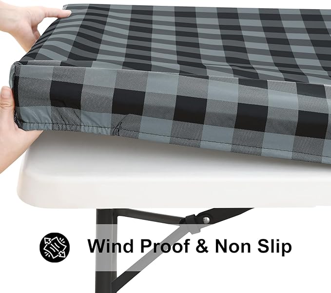 Smiry Rectangle Picnic Table Cloth, Elastic Waterproof Fitted Vinyl Tablecloths, Flannel Backed Buffalo Plaid Table Covers for Dining, Camping, Outdoor (Black and Grey, 30" x 96")
