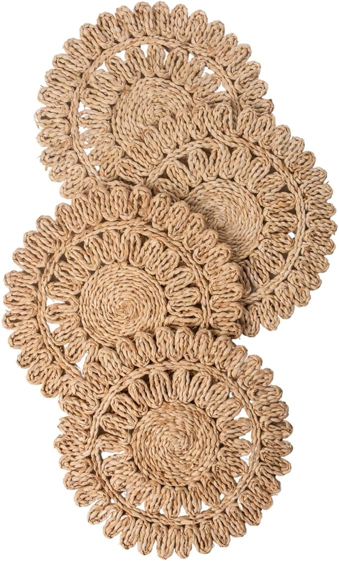 11.8" Set of 4 Round Corn Husk Placemats | Boho Woven Rattan Table Mats | Farmhouse Wicker Spring Plate Chargers Like Water Hyacinth, Seagrass for Wedding, Party, Christmas, Events